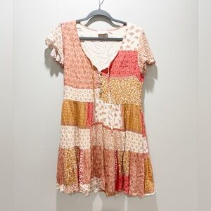 DRESS FORUM Patchwork Boho Western Warm Sunset Color Mini Festival Dress Sz S